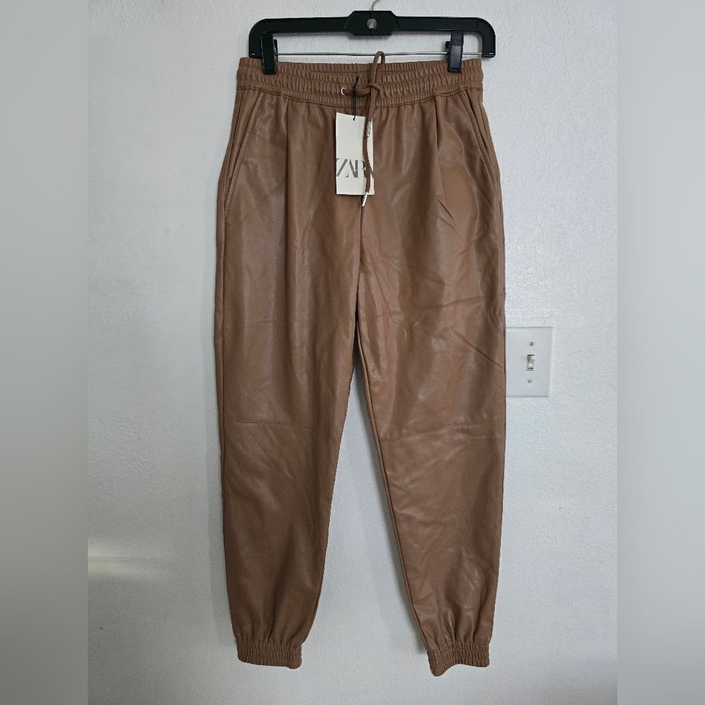 NWT Zara Drawstring Faux Leather Joggers  In Tan Size Xs - Picture 2 of 12